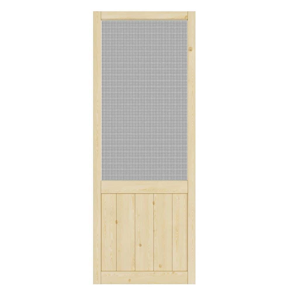 30 in. x 80 in. Universal Unfinished Solid Pine Wood Farmhouse Paneled Hinged Screen Door with Gauze Mesh for Courtyard