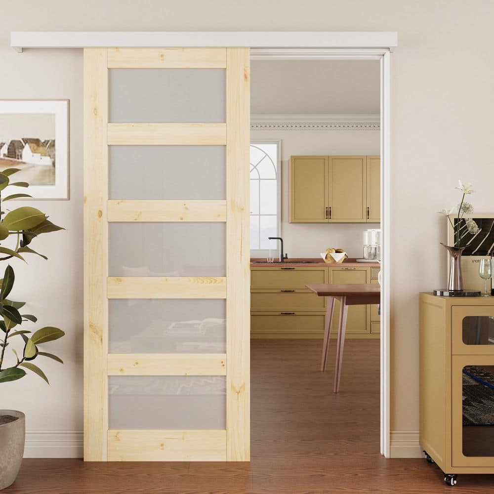 32 in. x 80 in. Hidden Track Style 5-Lite Frosted Glass Unfinished Glass Sliding Barn Door with Hardware Kit
