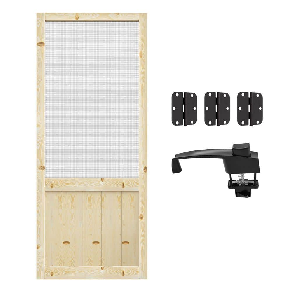 32 in. x 80 in. Rustic Style Universal Paneled Finished Pine Wood and Gauze Mesh Hinged Screen Door with Lock