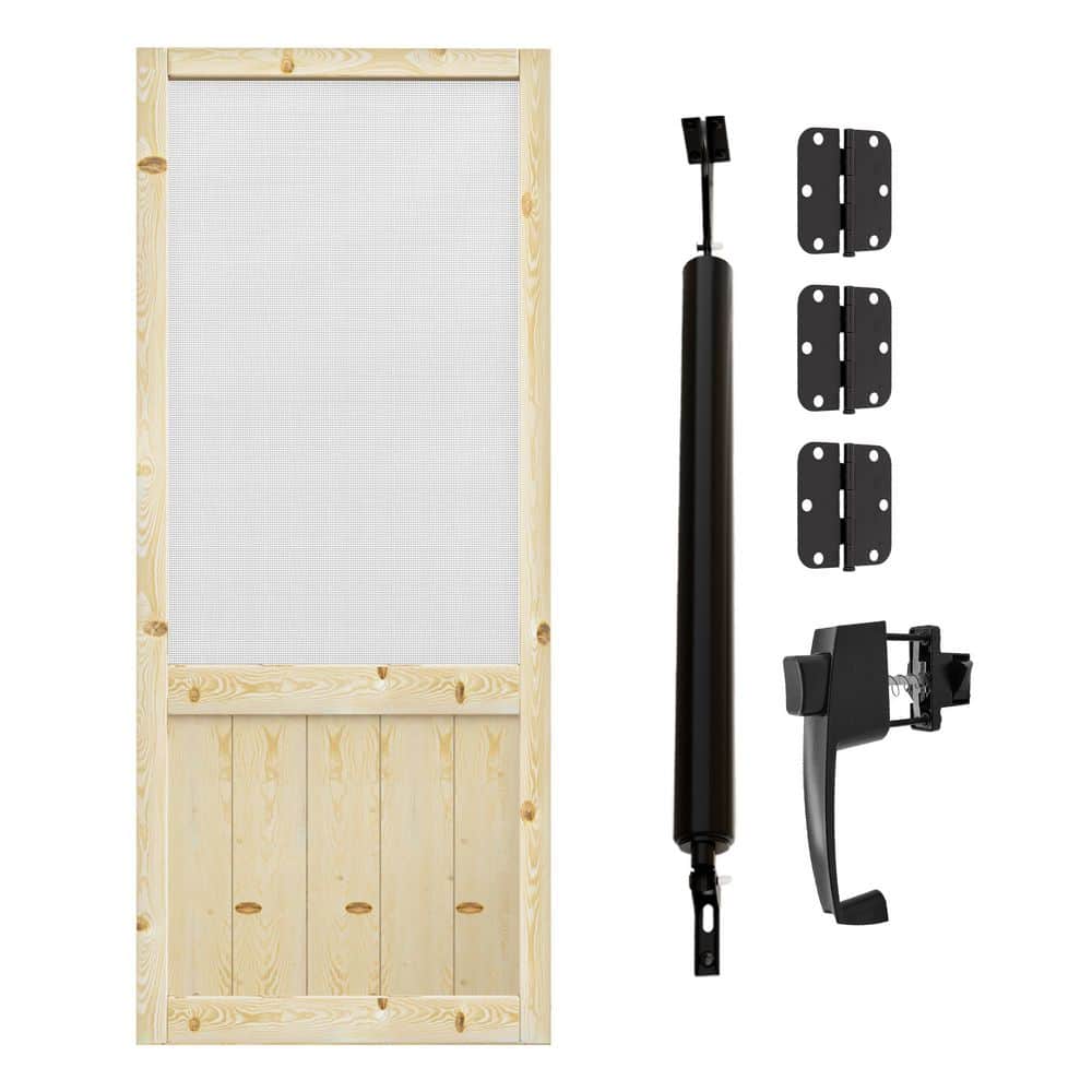 32 in. x 80 in. Rustic Style Universal Unfinished Pine Panel Screen Door with Lock and Door Closer-Gauze Mesh Hinged
