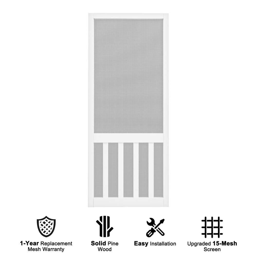 32 in. x 80 in. Universal Primed White Pine Wood Vertical Slat Screen Door-Classic 5-Bar Style Gauze Mesh Hinged Door