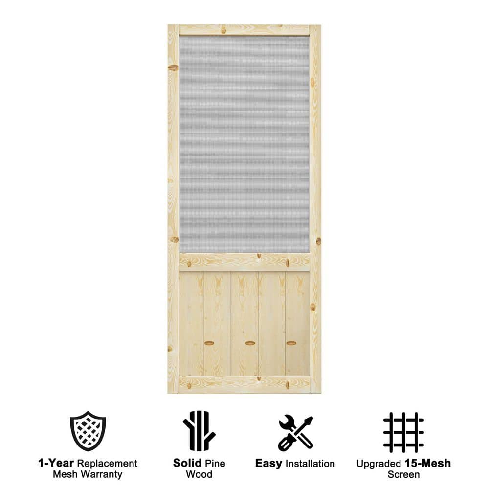 32 in. x 80 in. Universal Unfinished Solid Pine Wood Farmhouse Paneled Hinged Screen Door with Gauze Mesh for Courtyard