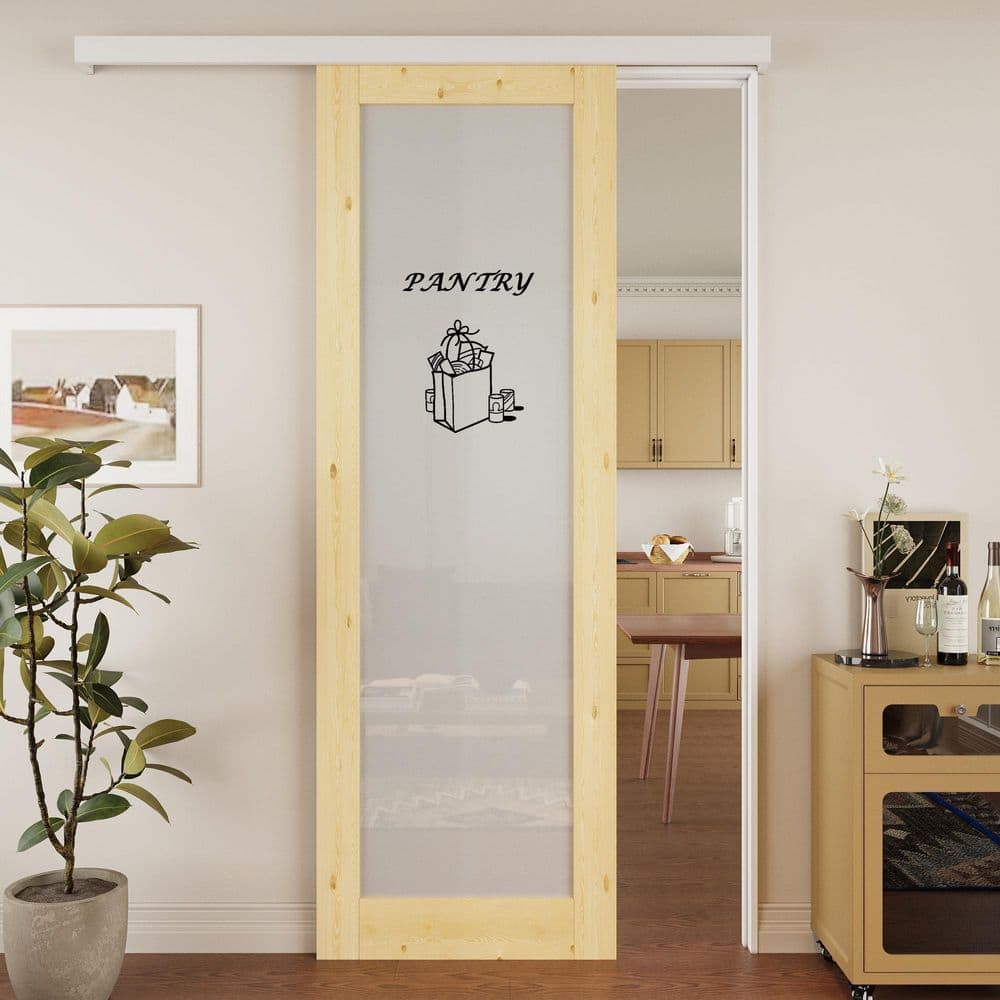 32 in.x 80 in. 1 Lite Frosted Glass Unfinished Hidden Track Style MDF Sliding Barn Door with Hardware Kit&Pantry Sticker