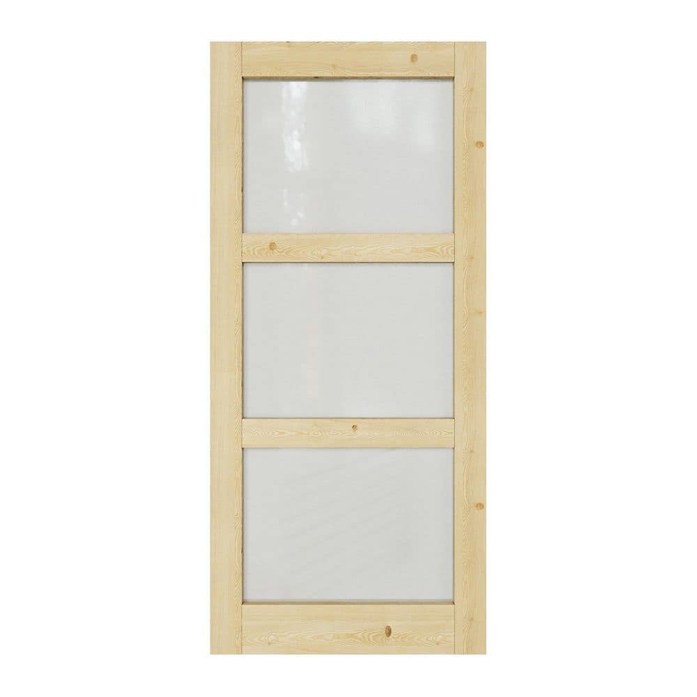 36 in. x 80 in. 3-Lite Tempered Frosted Glass Unfinished Solid Core Pine Wood Interior Door Slab