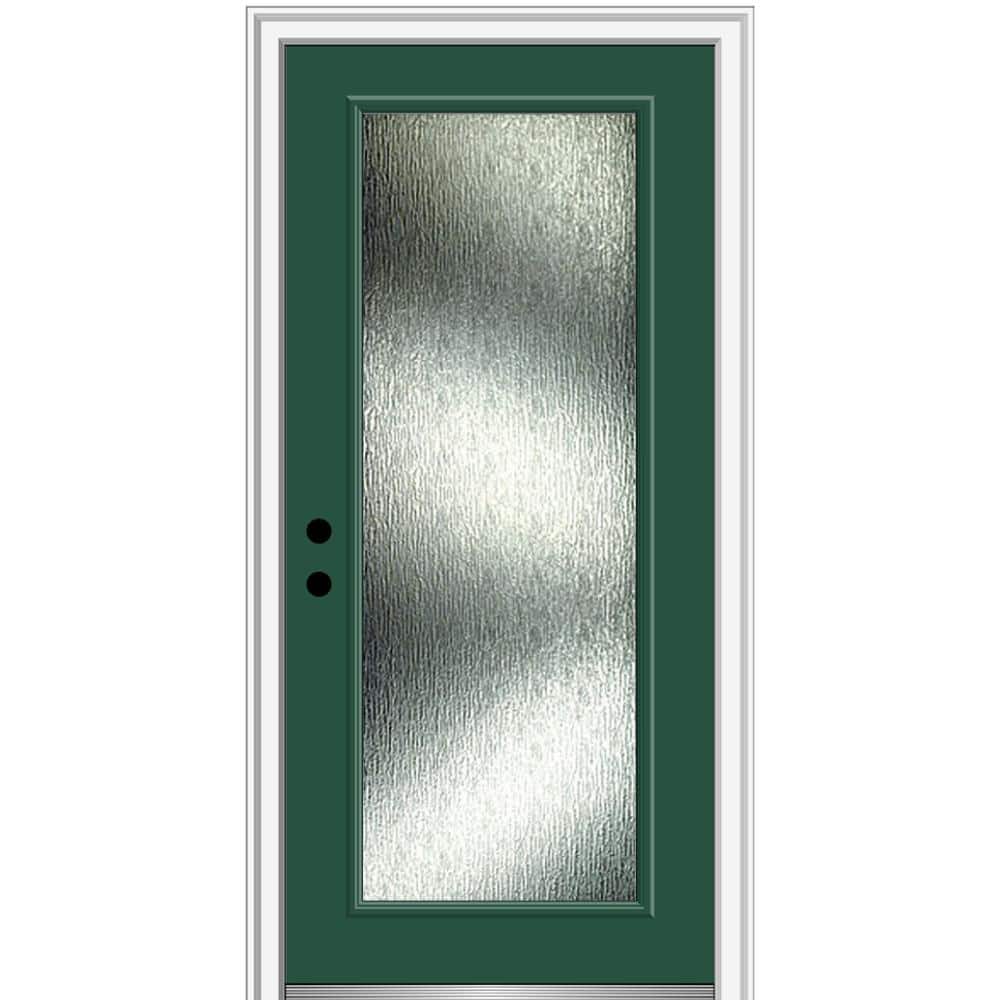 36 in. x 80 in. Right-Hand Inswing Rain Glass Hunter Green Fiberglass Prehung Front Door on 4-9/16 in. Frame