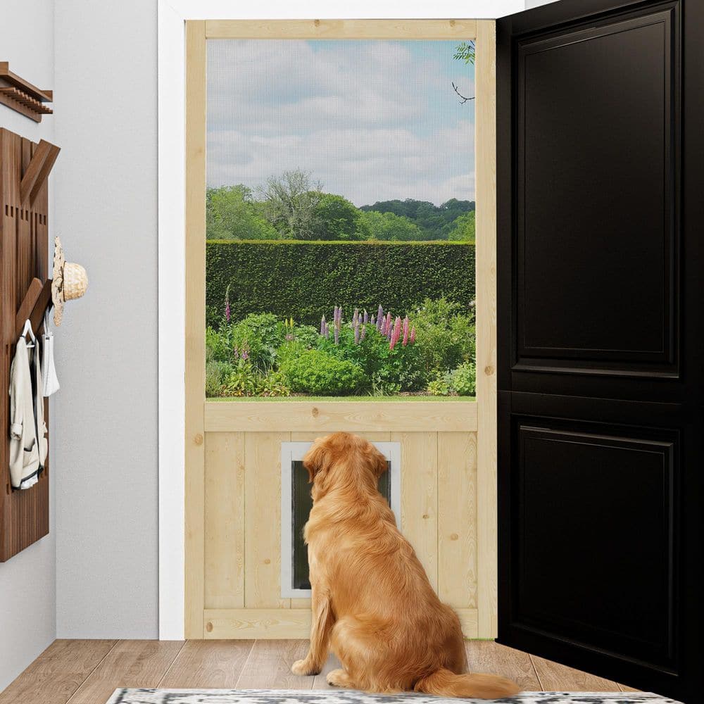 36 in. x 80 in. Single Universal Paneled Unfinished Pine Wood Gauze Mesh Hinged Screen Door with Dog Door for Backyard