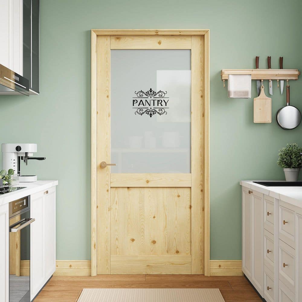 36 in. x 80 in. Solid Core 1/2-Lite Frosted Glass Pine Unfinished Interior Door Slab with Pantry Sticker w/o Hardware