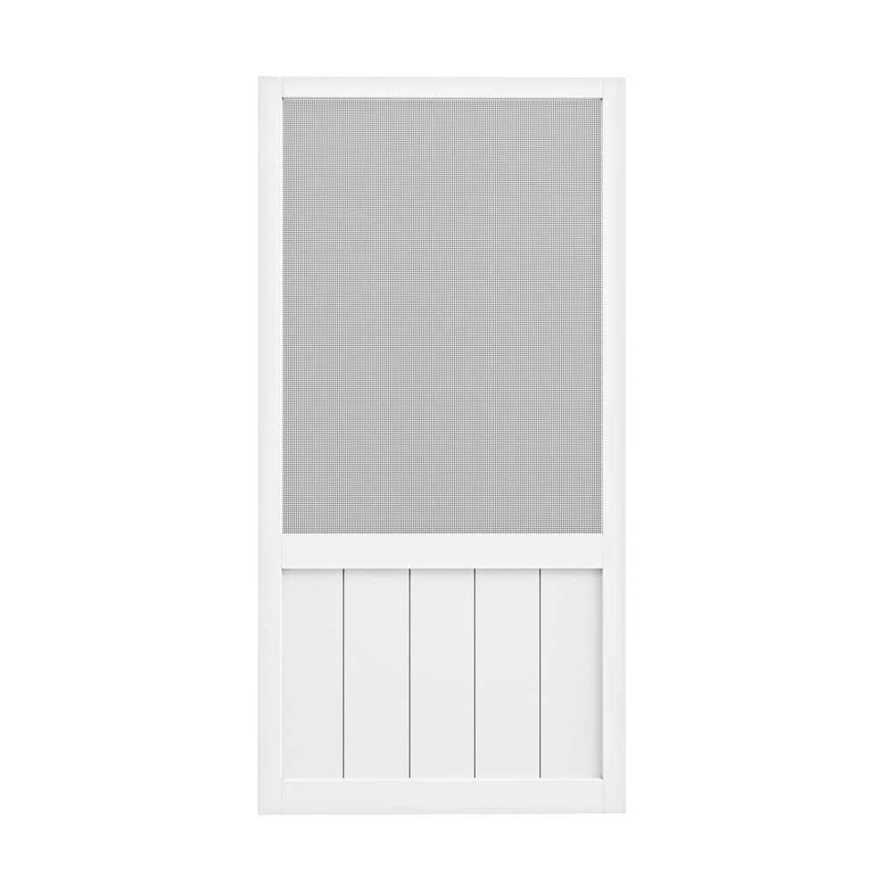 36 in. x 80 in. Universal Solid Pine Wood Screen Door-Primed White Finish and Gauze Mesh, Hinged Panel Style