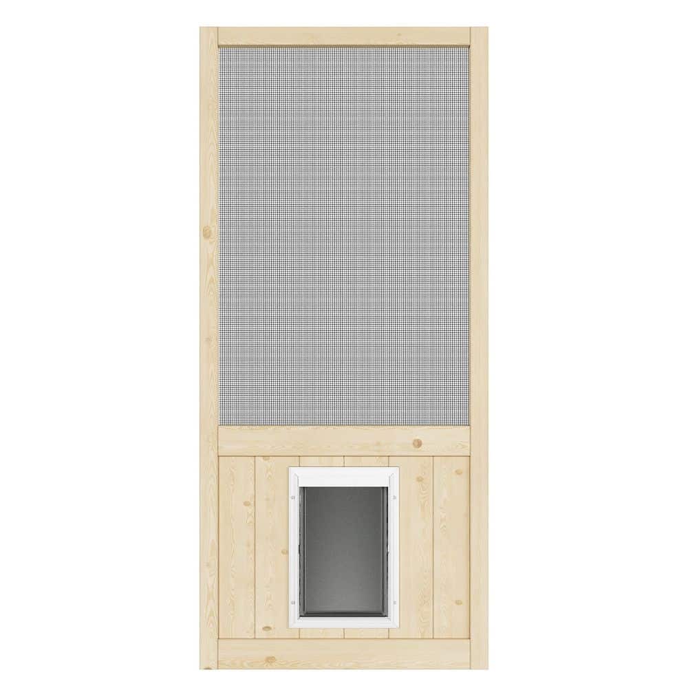 36 in. x 80 in. Universal Unfinished Pine Gauze Mesh Screen Door with Pet Access and Lock-Hinged Rustic Style
