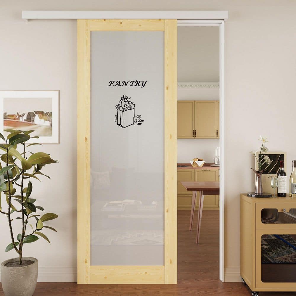 36 in.x 80 in. 1 Lite Frosted Glass Unfinished Hidden Track Style MDF Sliding Barn Door with Hardware Kit&Pantry Sticker