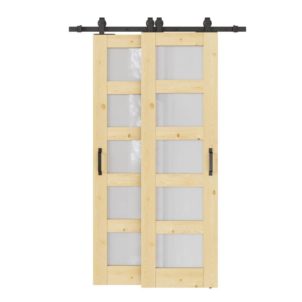 40 in. x 80 in. (Double 24 in.) 5-Lite Frosted Glass Unfinished Pine Wood Sliding Barn Door with Hardware Kit Bypass