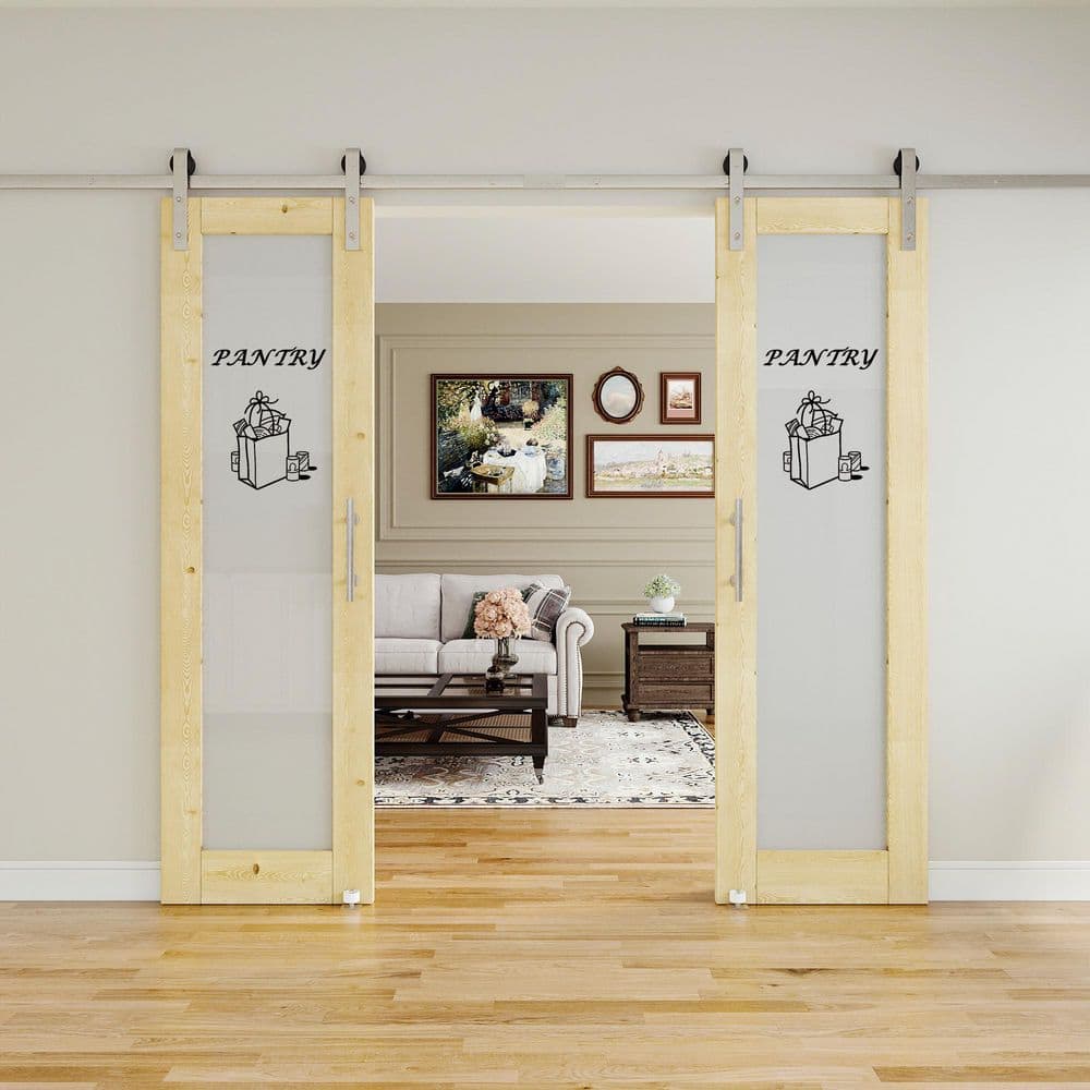 48 in. x 80 in. 1 Lite Unfinished Frosted Glass MDF Sliding Barn Door with Hardware Kit Nickel and Pantry Sticker