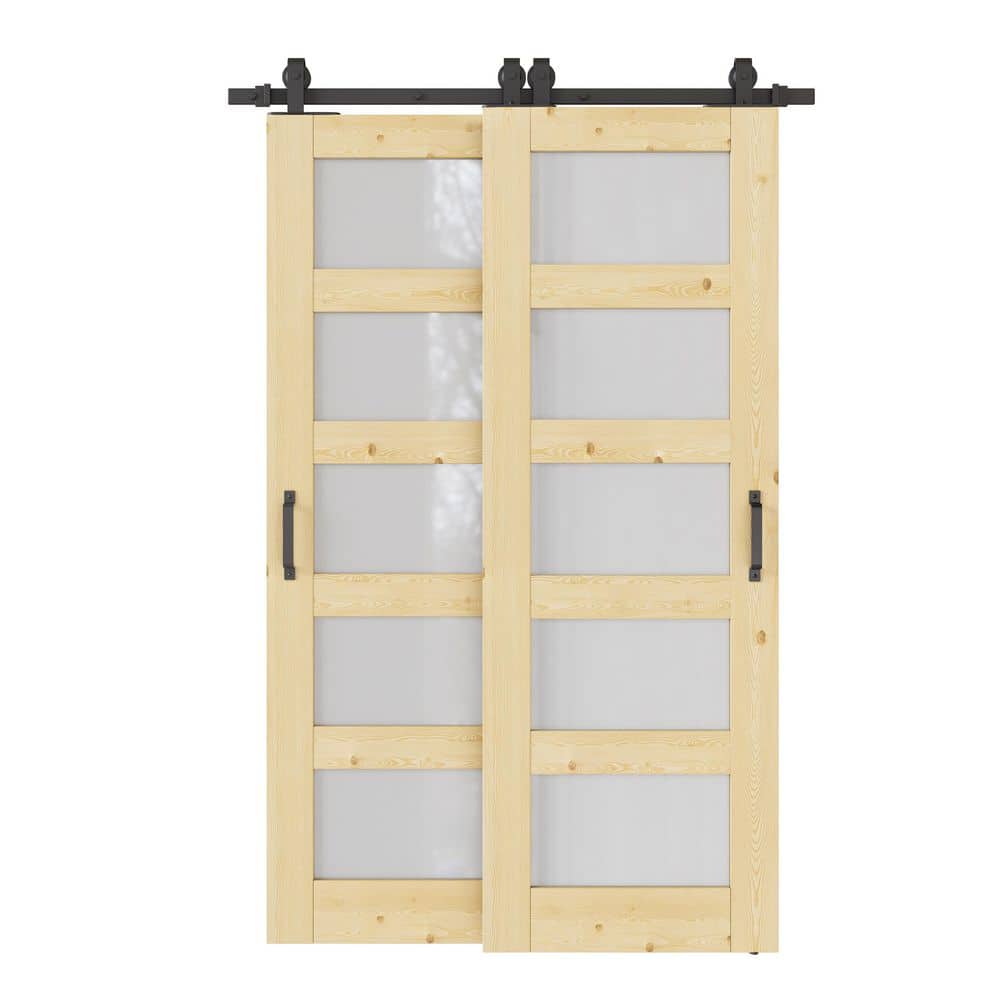 48 in. x 80 in. (Double 28 in.) 5-Lite Frosted Glass Unfinished Pine Wood Sliding Barn Door with Hardware Kit Bypass