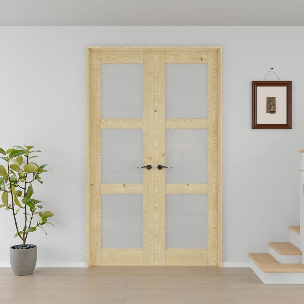 48 in. x 80 in. Universal 3-Lite Frosted Glass Unfinished Pine Wood Assembly Reqiured Double French Door with Jamb