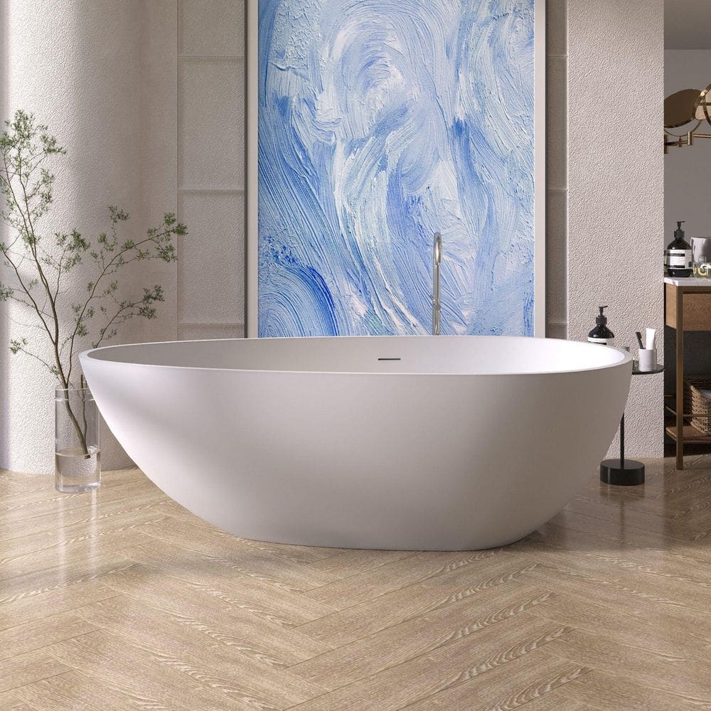 55 in. x 31 in. Solid Surface Stone Resin Egg-Shaped Flatbottom Freestanding Soaking Bathtub in Matte White