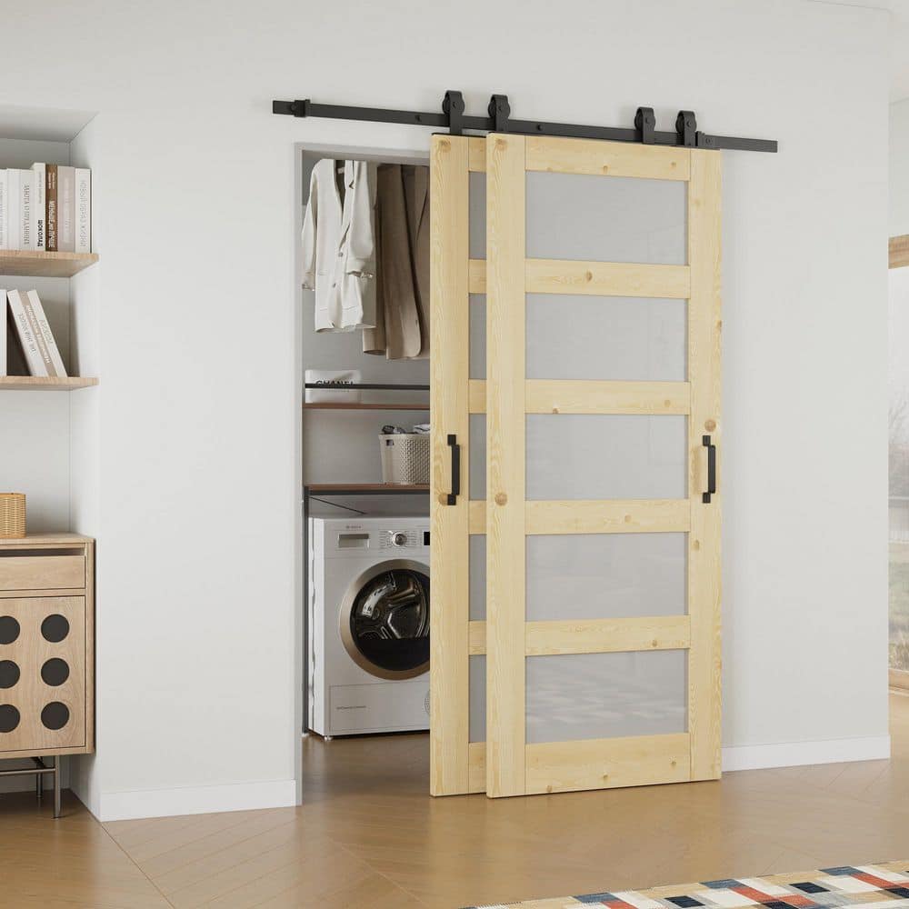 56 in. x 80 in. 3-Lite Frosted Glass Unfinished Solid Core Pine Wood Sliding Barn Door with Hardware Kit Bypass