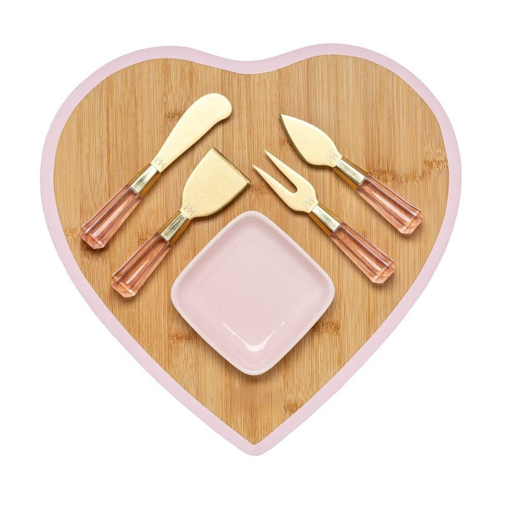6-Piece Bamboo Cheese Board and Charcuterie Serving Set with with Ceramic Dish and Titanium Coated Blades for Food, Pink