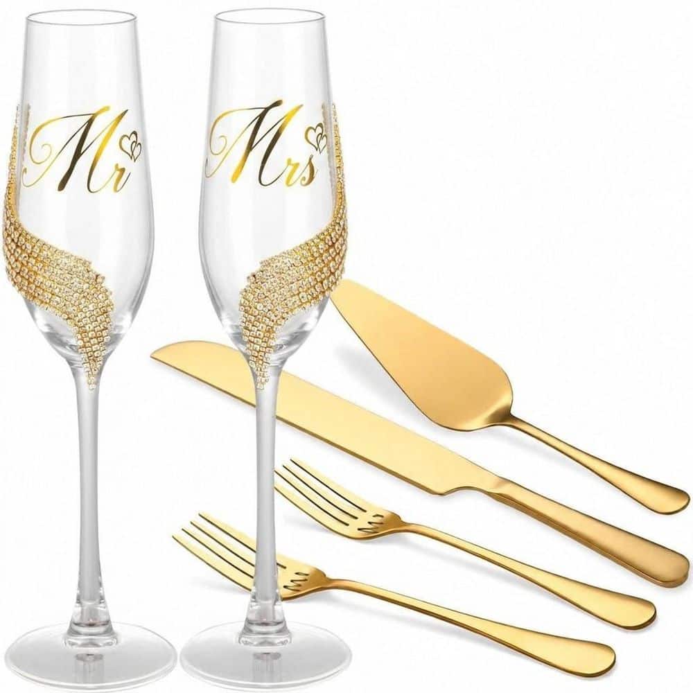 6-Piece Gold Wedding Cake Cutting Set with Mr and Mrs Champagne Flutes, Cake Knife, Server, and Forks