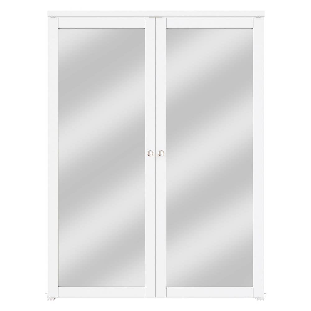 60 in. x 80 in. 1-Lite Mirrored Glass Solid Core White Finished MDF Bi-Fold Door Plus French Style Pivot Hardware