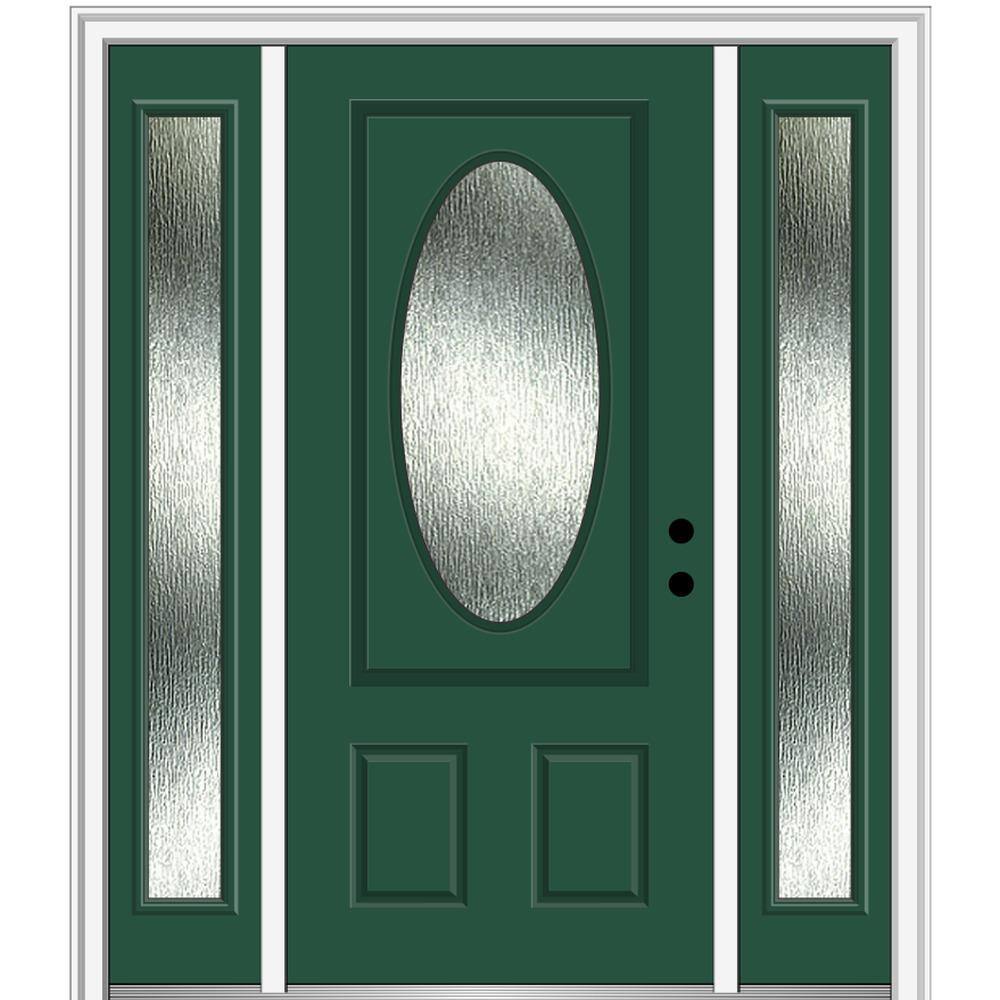60 in. x 80 in. Left-Hand Inswing Rain Glass Hunter Green Fiberglass Prehung Front Door on 6-9/16 in. Frame