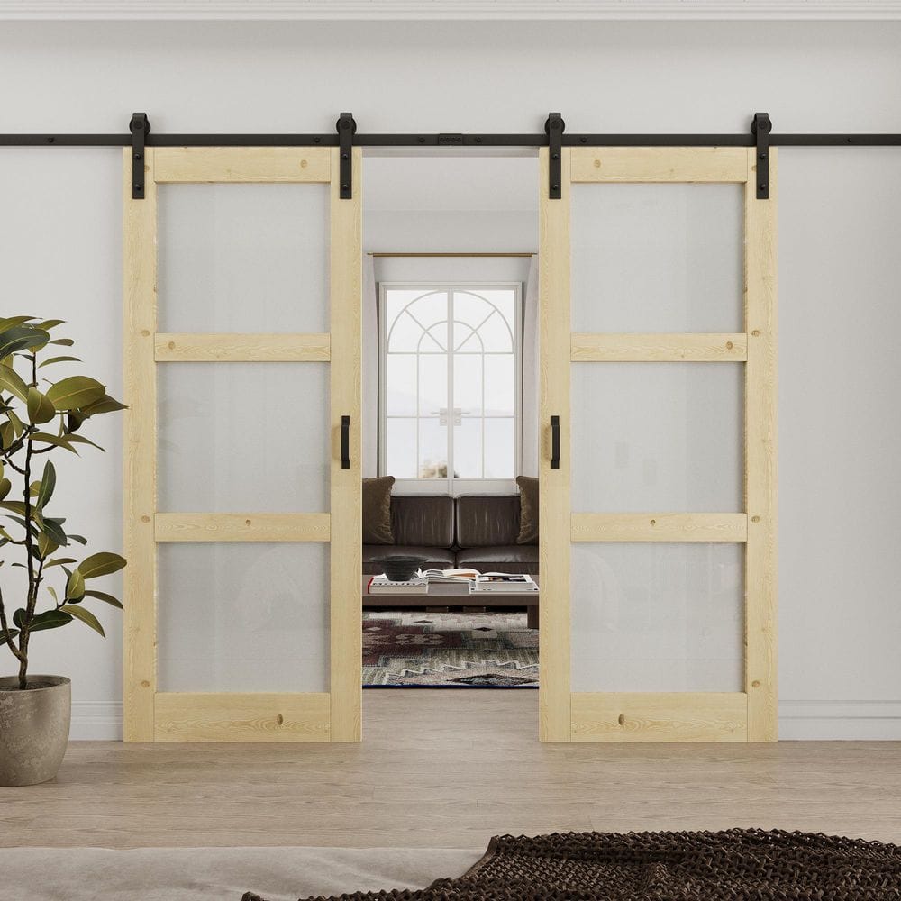 64 in. x 80 in. 5-Lite Frosted Glass Unfinished Glass No Assembly Required Sliding Barn Door with Hardware Kit