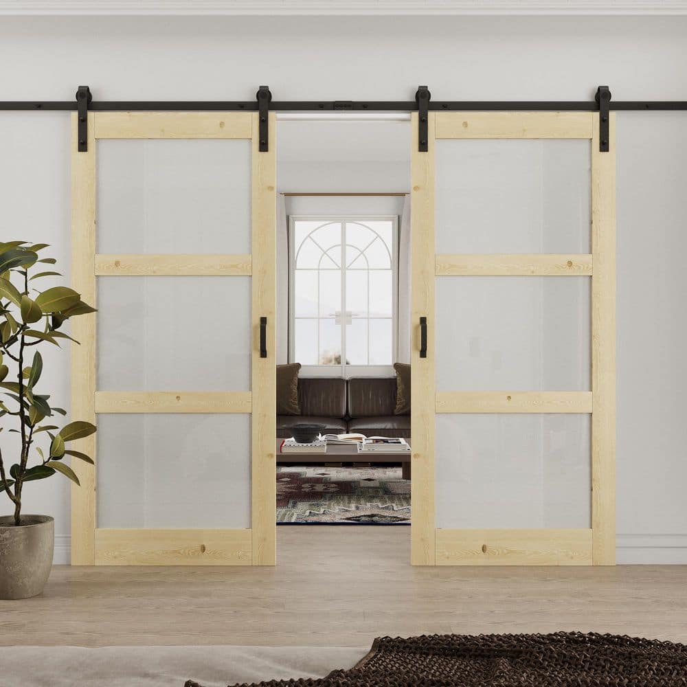 72 in. x 80 in. 3 Lite Tempered Frosted Glass Unfinished Solid Core Pine Wood Sliding Barn Door with Hardware Kit
