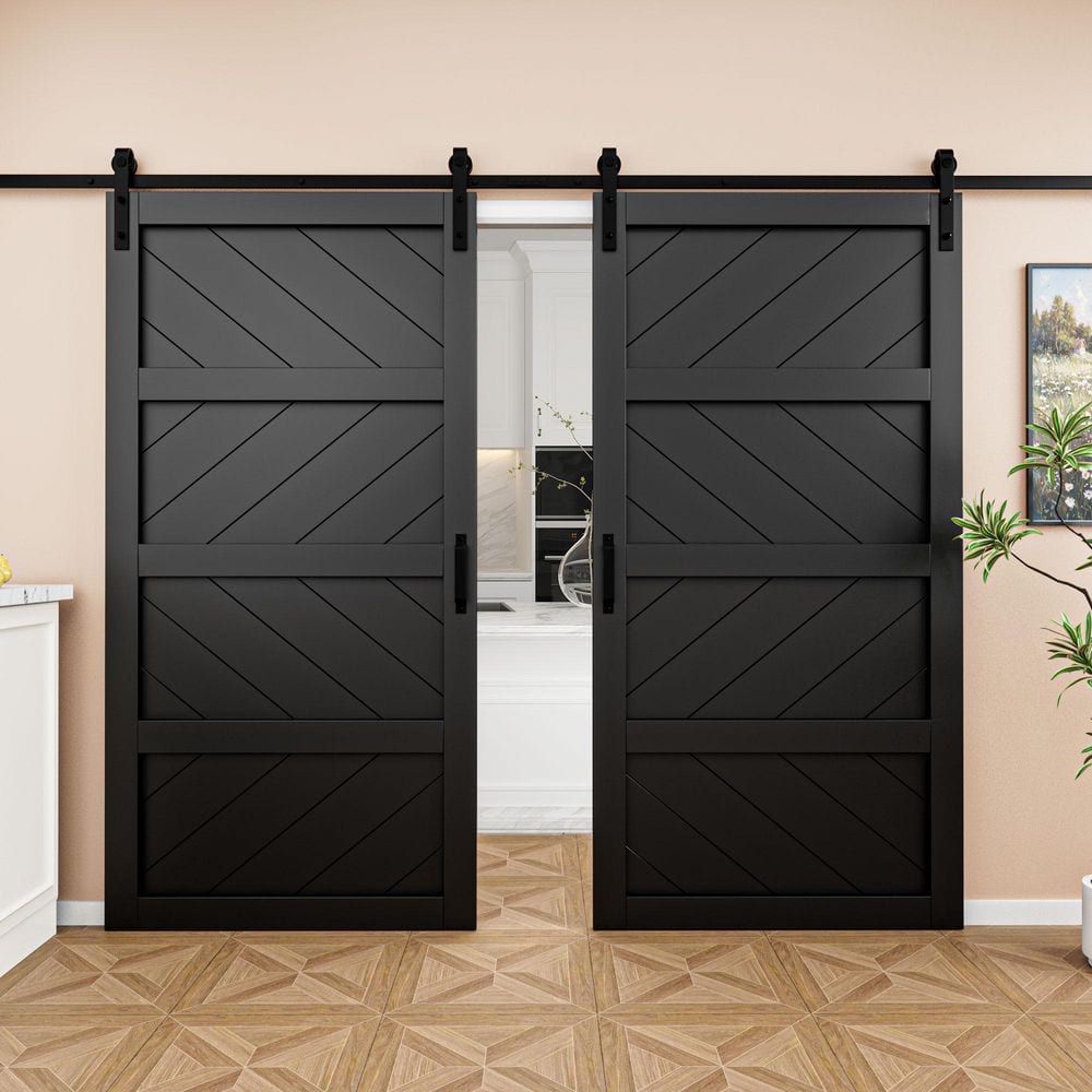 84 in. x 84 in. 4-Panel Wave Pattern Black Finished MDF Sliding Barn Door with Hardware Kit and Soft Close for Bathroom