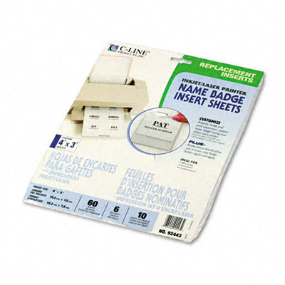 C-Line 92443 Laser And Inkjet Name Badge Inserts 3 x 4 White 60 Per Pack