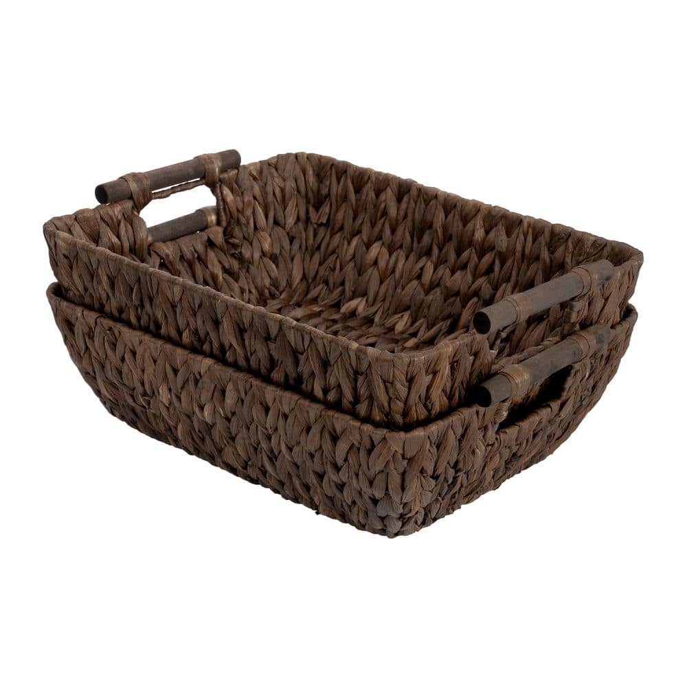 Dark Brown 17.25 in. x 6 in. Water Hyacinth Wicker Woven Decorative Baskets with Wooden Handles (Set of 2)