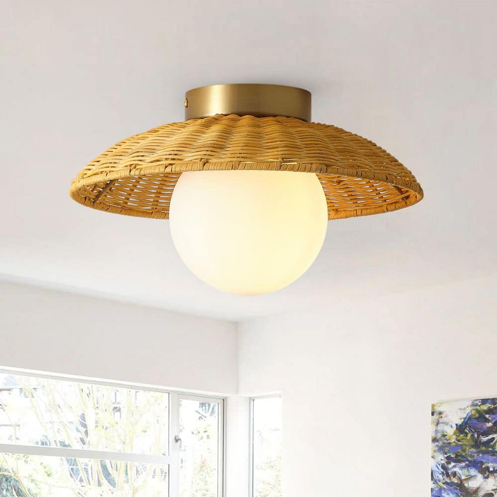 Farmhouse Boho 13.19 in. 1-Light Semi-Flush Mount Rattan Close to Ceiling Light