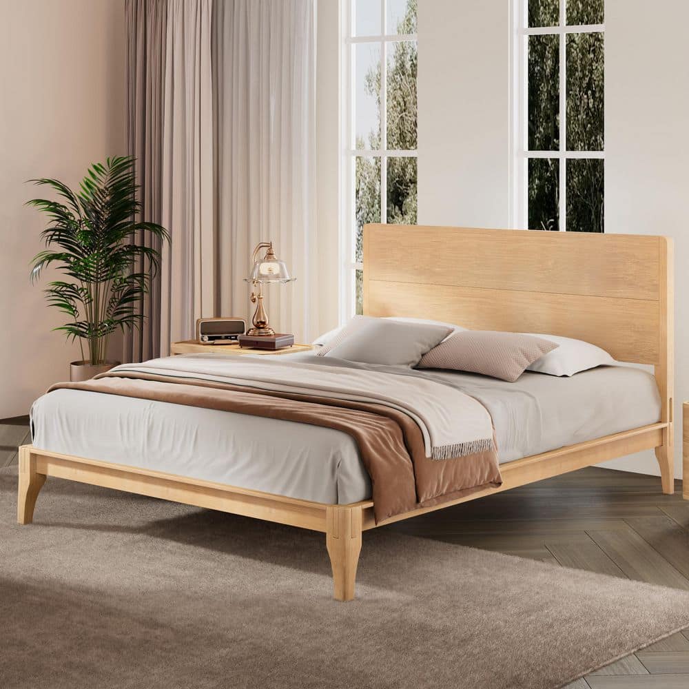 Light Natural Wood Tone/Yellow Modern Bamboo Frame Full Size Platform Bed with Wood Slat Metal Support