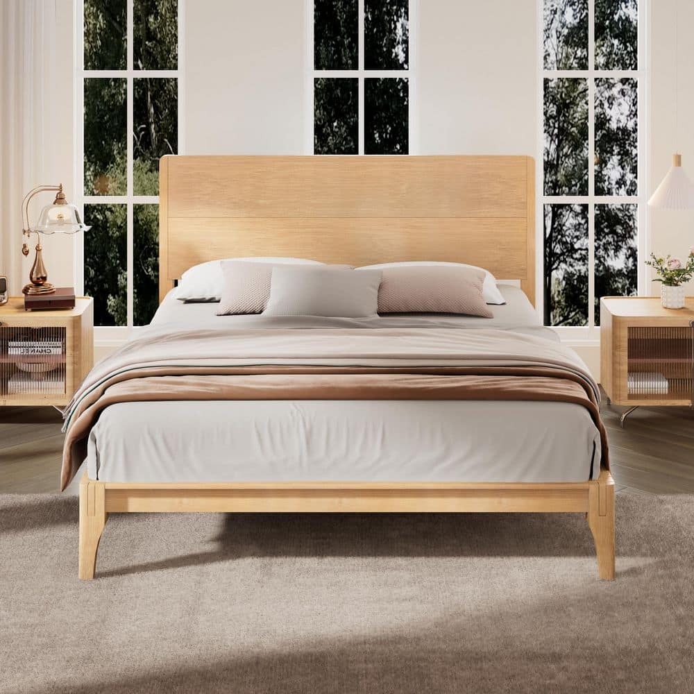 Light Natural Wood Tone/Yellow Modern Bamboo Frame King Size Platform Bed with Wood Slat Metal Support