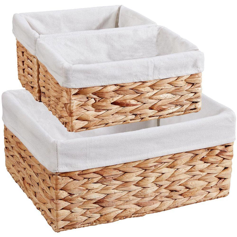 Light brown 15 in. x 7 in. Paper Rope Decorative Basket with Handles and Liner - Boho-Style Storage Basket (Set of 3)