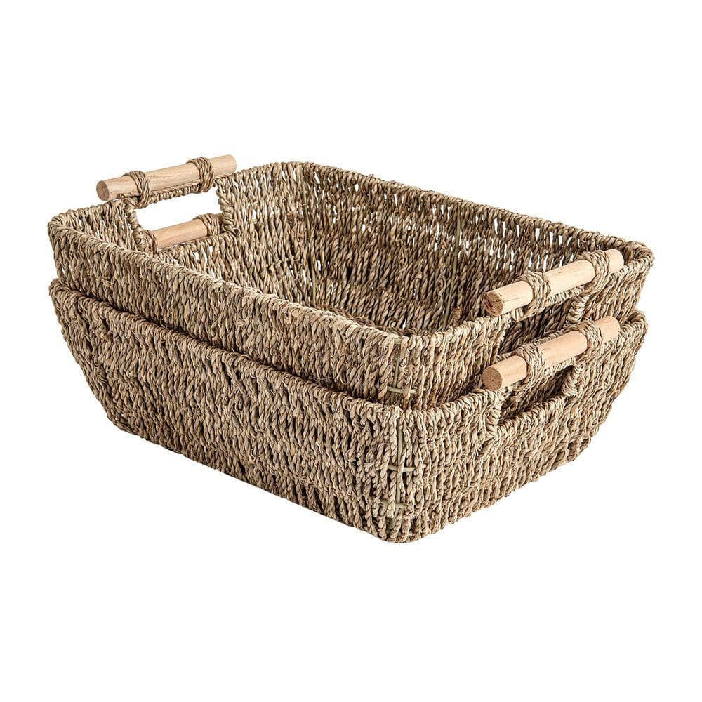 Light brown 15.25 in. x 5 in. Water Hyacinth Wicker Woven Decorative Baskets with Wooden Handles (Set of 2)