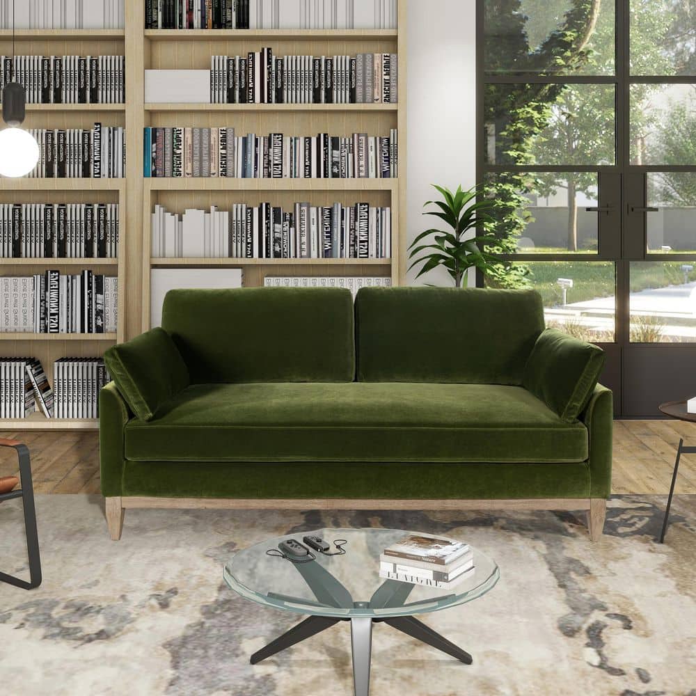 Maurice Modern 75.5 in. Straight Arms Performance Velvet Rectangle Farmhouse Sofa in Olive Green with Pillows
