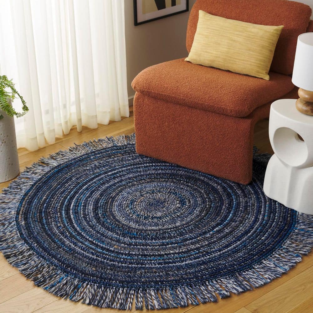 Renewal 3 ft. x 3 ft. Navy/Beige Woven Fringe Round Area Rug