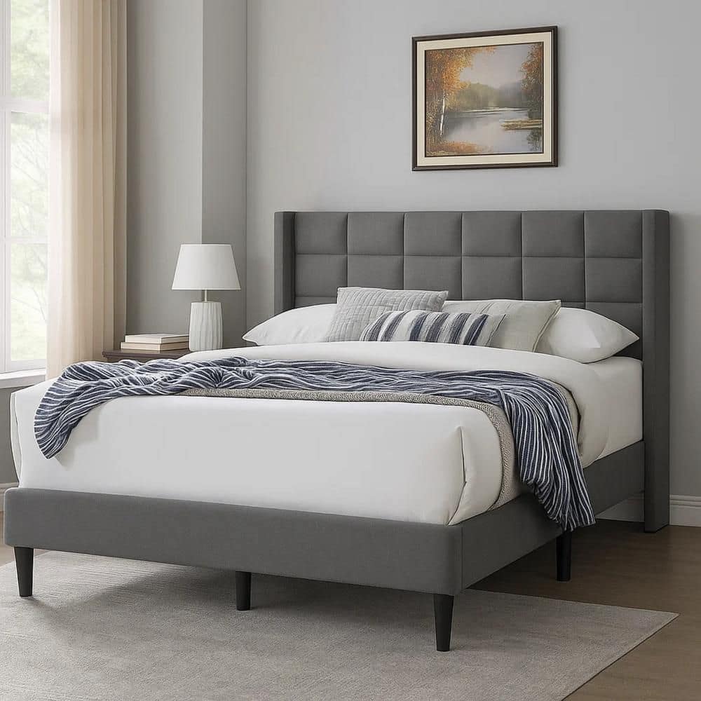Zensa Gray Wood Frame Full Panel Bed with Padded Headboard