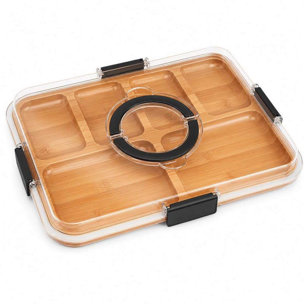 14.4 in. Modern Black Bamboo Charcuterie Serving Board with Lid 6 Compartments, Travel Portable Cheese Cutting Board