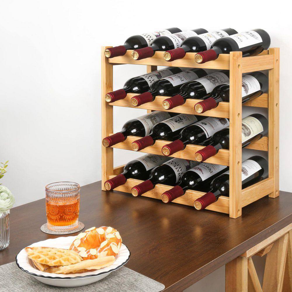 16-Botttle Natural 17.1 in. W Bamboo Wine Rack, 4-Tier Freestanding Floor Wine Storage Shelves with Table Top