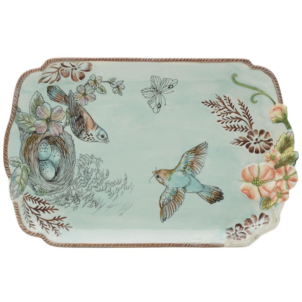 17 in. x 10.75 in. Blue Earthenware English Garden Serving Platter