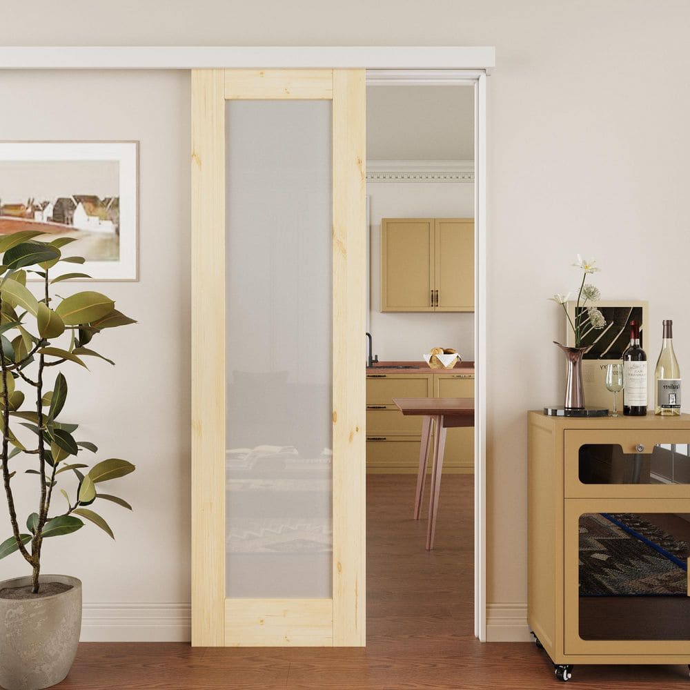18 in. x 80 in. Hidden Track Style 1-Lite Frosted Glass Unfinished Glass Sliding Barn Door with Hardware Kit