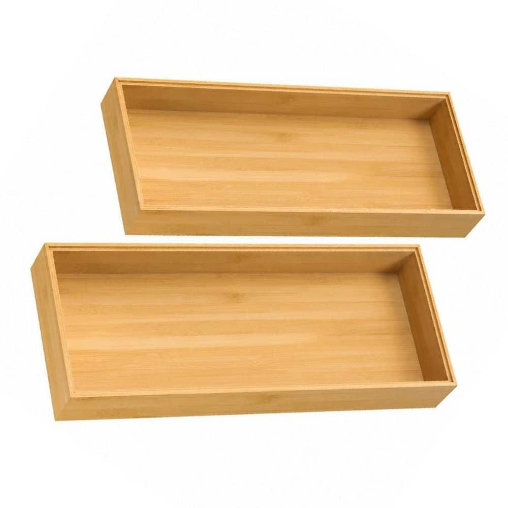 2-Piece Bamboo Drawer Organizer, Stackable Utensil Organizer for Kitchen, Storage Box Wood Silverware Tray for Drawer