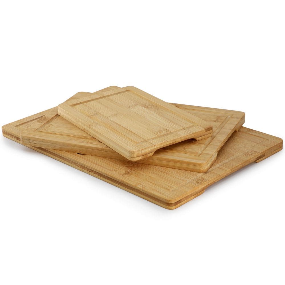 3 Piece 9 in., 12 in., and 15 in. Bamboo Wood Cutting Board Set with Juice Grooves