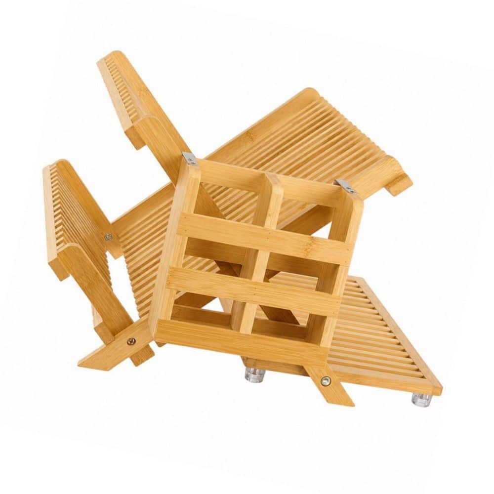 3-Tier Bamboo Collapsible Dish Rack, Dish Drying Rack with Utensil Holder for Kitchen Counter