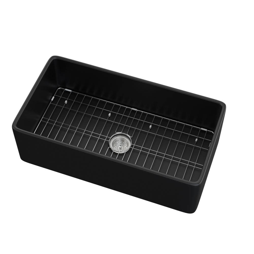 30 in. Rectangular Apron Front Farmhouse Sink Single Bowl Center Drain Black Fireclay Kitchen Sink with Bottom Grid