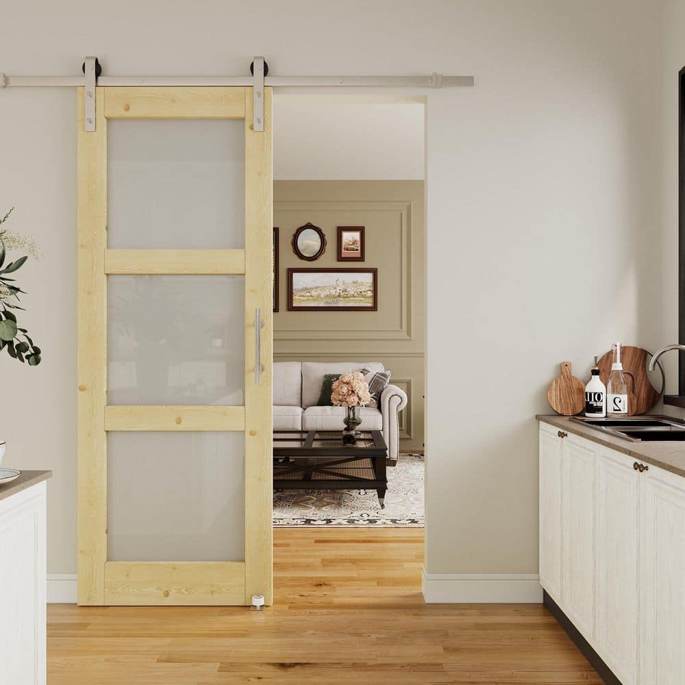 30 in. x 80 in. 3 Lite Frosted Glass Unfinished Solid Core Pine Wood Sliding Barn Door with Hardware Kit Nickel Plated