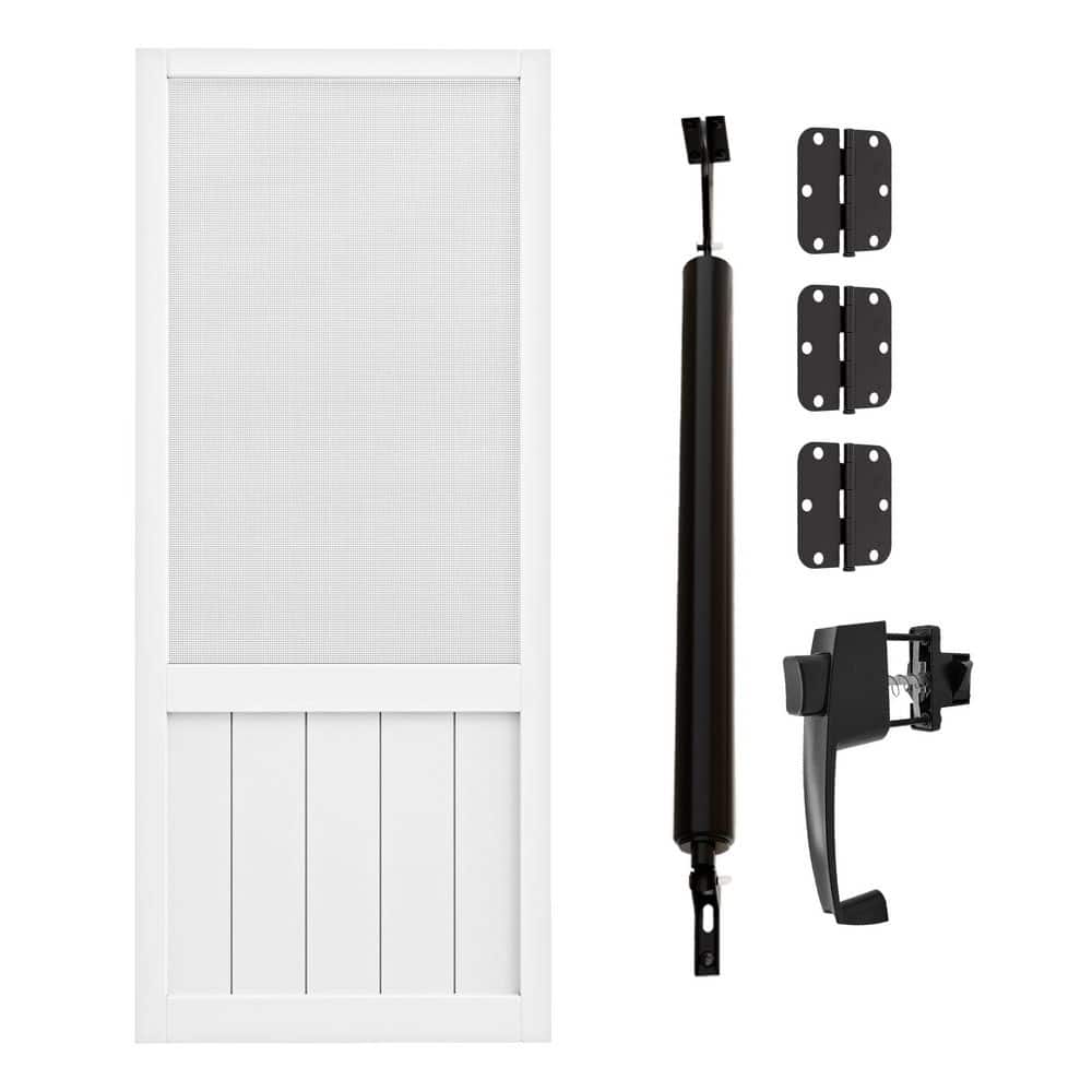 30 in. x 80 in. Hinged Panel Style Universal Solid Pine Screen Door with Lock and Door Closer-Primed White, Gauze Mesh