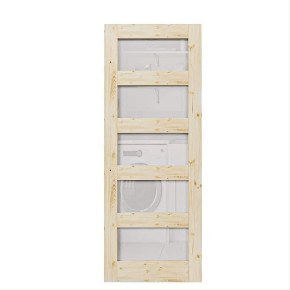 30 in. x 80 in. Unfinished Solid Core Pine Wood 5-Lite Tempered Frosted Glass Interior Door Slab