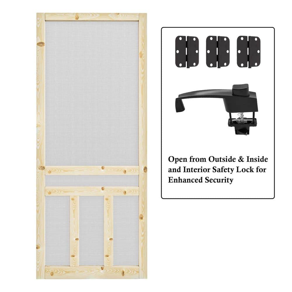 30 in. x 80 in. Universal Unfinished Pine Wood Vertical Slat Screen Door with Lock-Classic 3-Bar Style Gauze Mesh Hinged