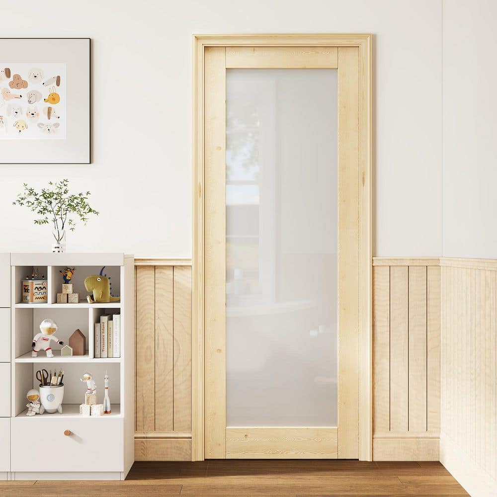32 in. x 80 in. 1 Lite Frosted Glass Solid Core Unfinished Pine Wood Pre-Assembled Multi-Usage Interior Door Slab